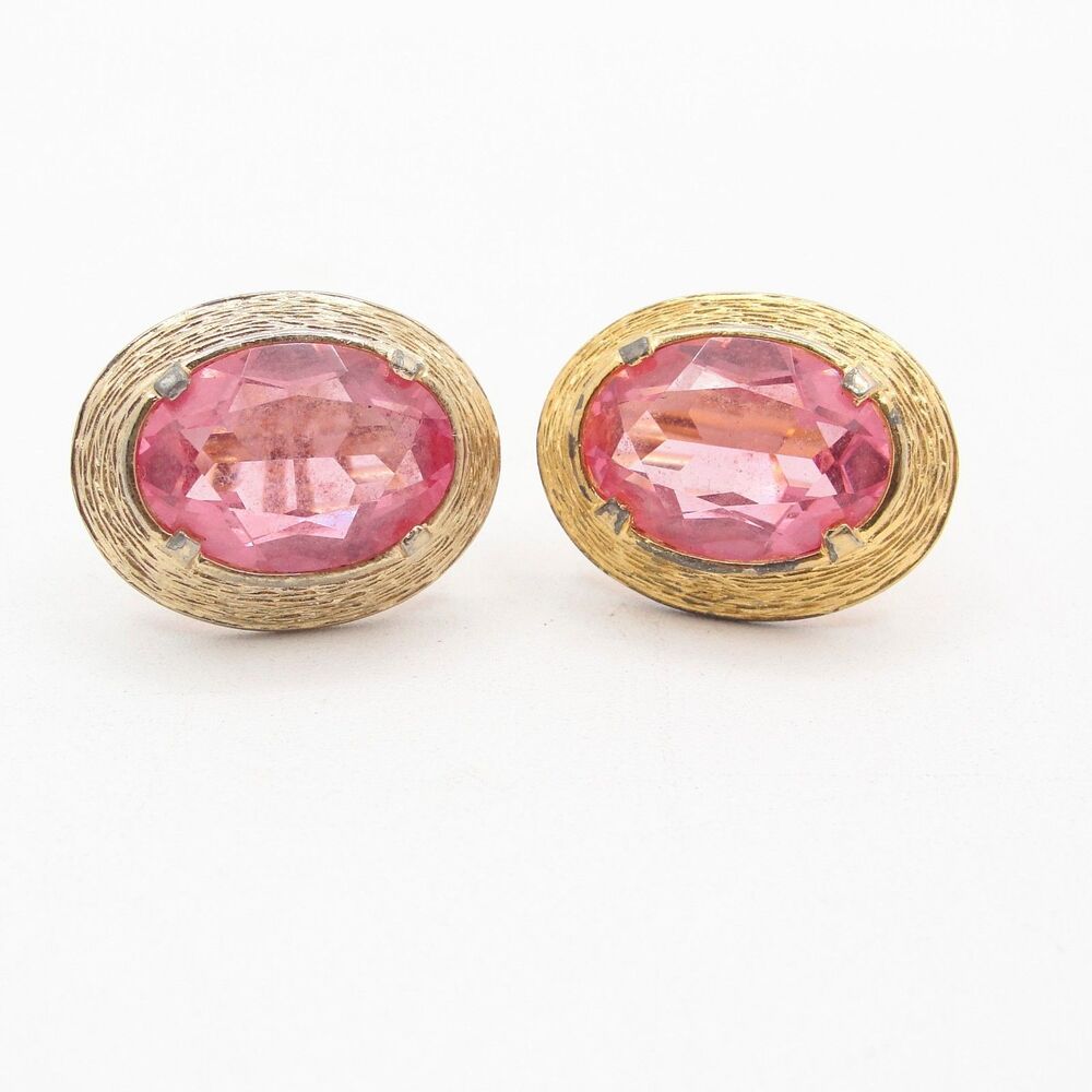 Vintage Swank Pink Glass Gold Tone Oval Cufflinks Mens Formal Wedding Groomsmen